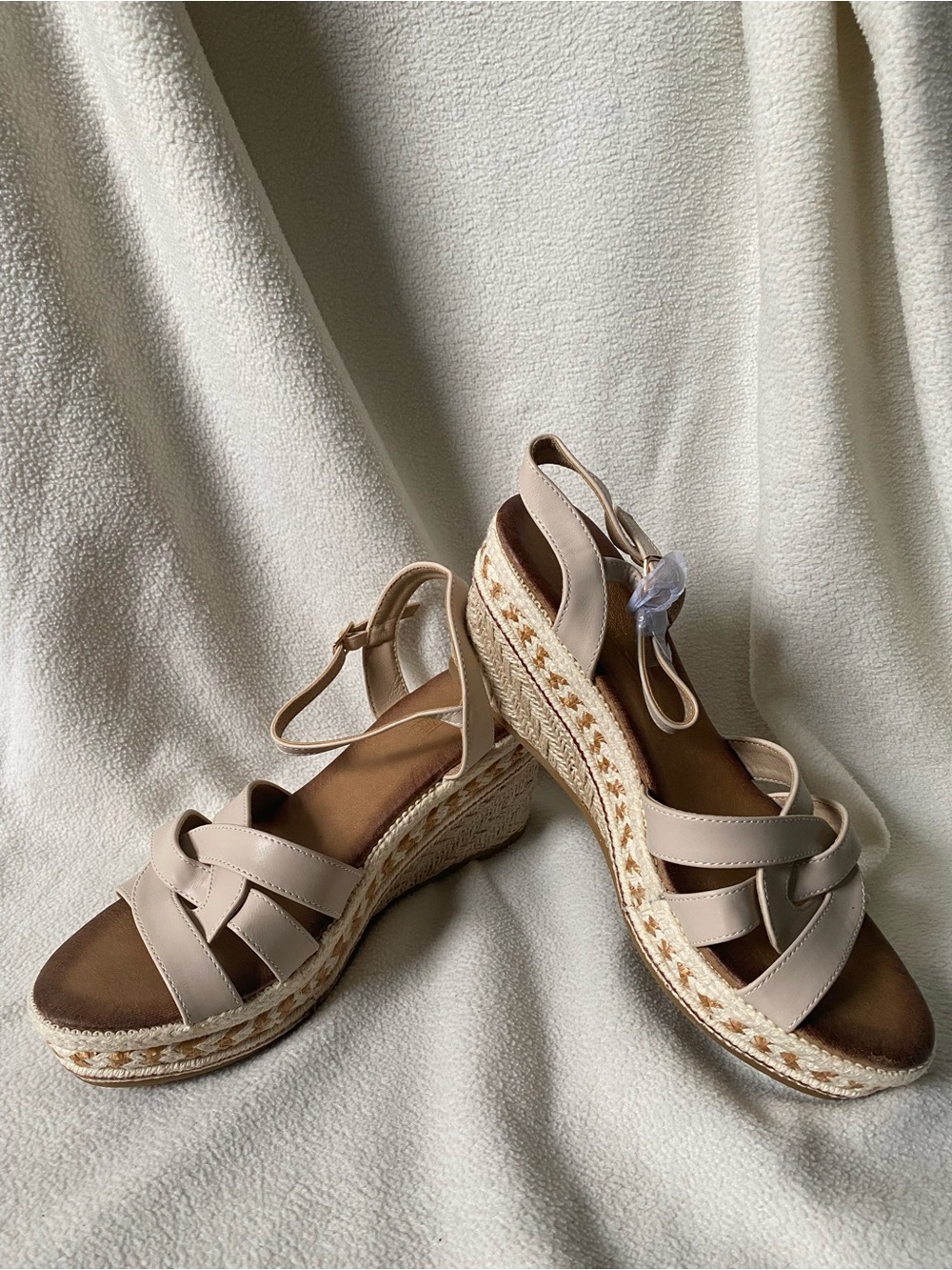 Neutral Beige Wedge Espadrille Sandals with Ankle Strap